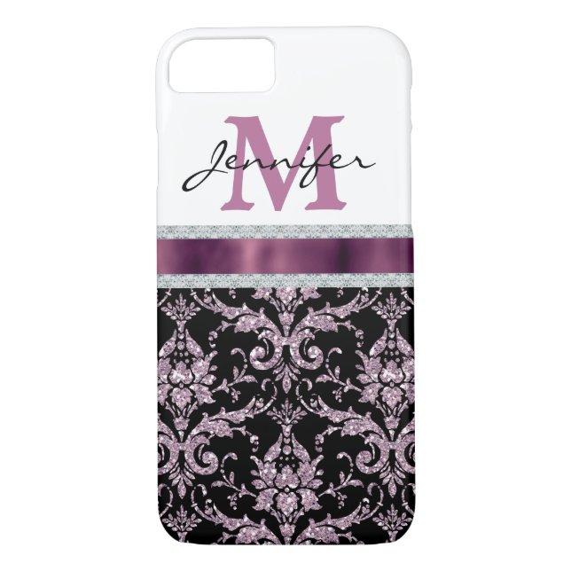 Violet Rosa Damask Faux Diamond Monogram Case-Mate iPhone Skal (Baksida)