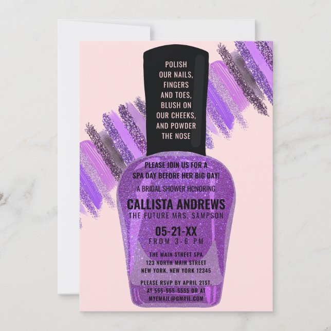 Violet Rosa Glitter Nagel polsk Spa-Möhippa Inbjudningar (Framsida)