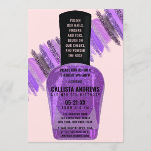 Violet Rosa Glitter Nagel Polska Spa Day Birthday Inbjudningar