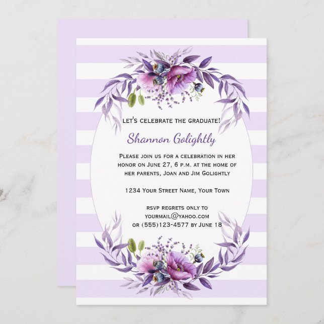 Violet Rosa Lila blommor Rand Grad Party Inbjudningar (Fram/baksida)