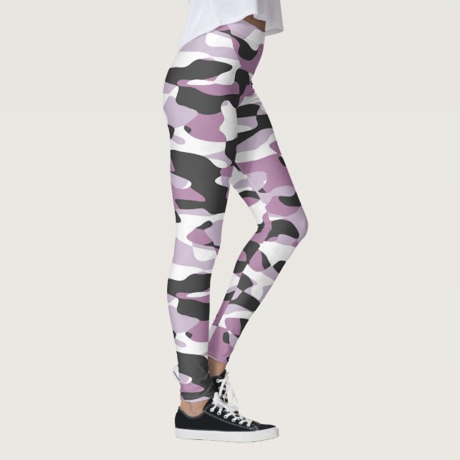 Violet Rosa Lila Grått White Camouflage Mönster Leggings (Höger)