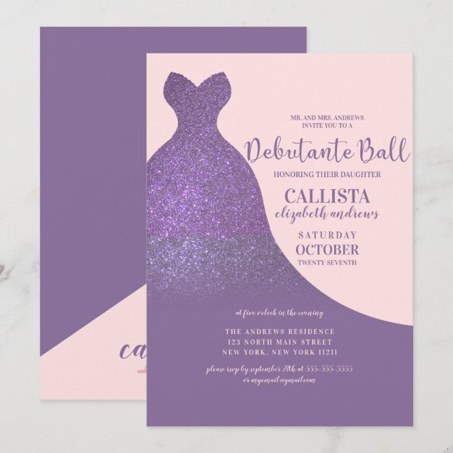 Violet Rosa Sparkly Glitter Dress Debutante Dance Inbjudningar (Fram/baksida)