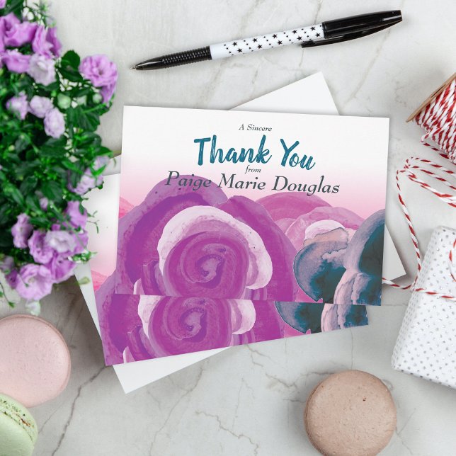 Violet, Rosa, Teal Ro tackkort Kort (graduation party graduate thank you card thanks stationary floral purple roses flowers botanical)