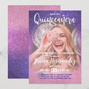 Violet Rosa Triple Glitter Ombre Photo Quinceañera Inbjudningar