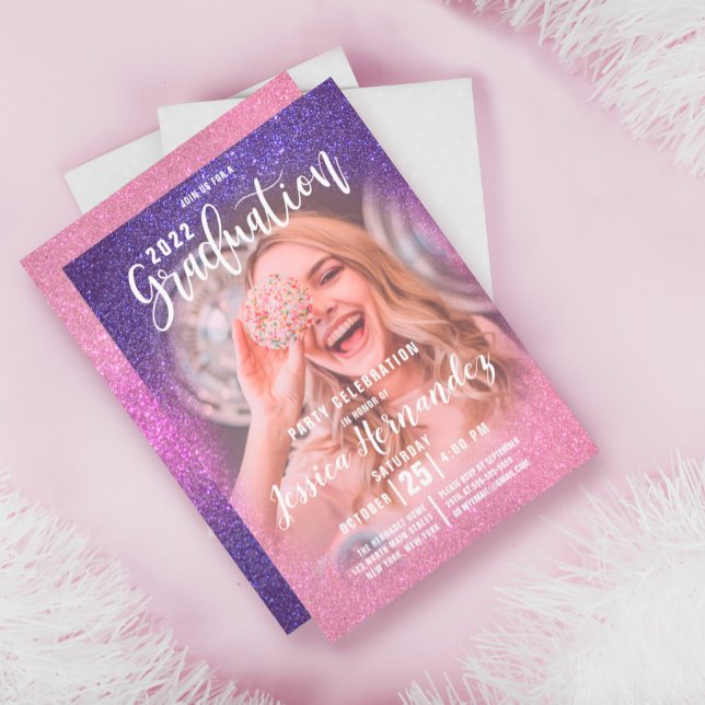 Violet Rosa Triple Glitter Ombre Photo Studenten Inbjudningar (Skapare uppladdad)