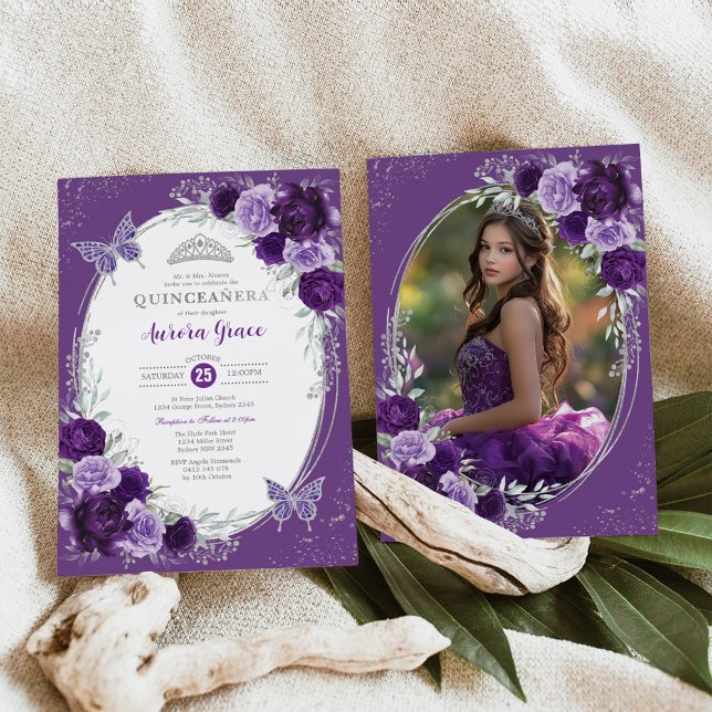 Violet Silver Quinceañera 15:e födelsedagsfoto Inbjudningar (Skapare uppladdad)