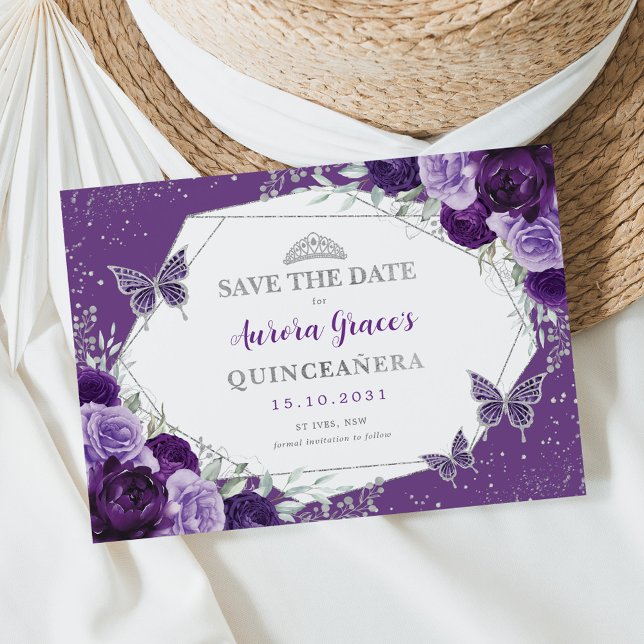 Violet Silver Quinceanera-Blommigten Spara datum Meddelande (Skapare uppladdad)