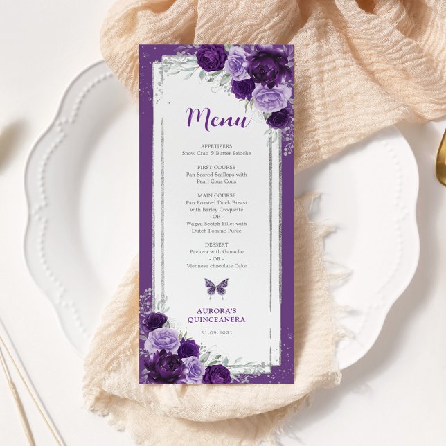 Violet Silver Ro Quinceanera Birthday Menu Card Inbjudningar (Skapare uppladdad)