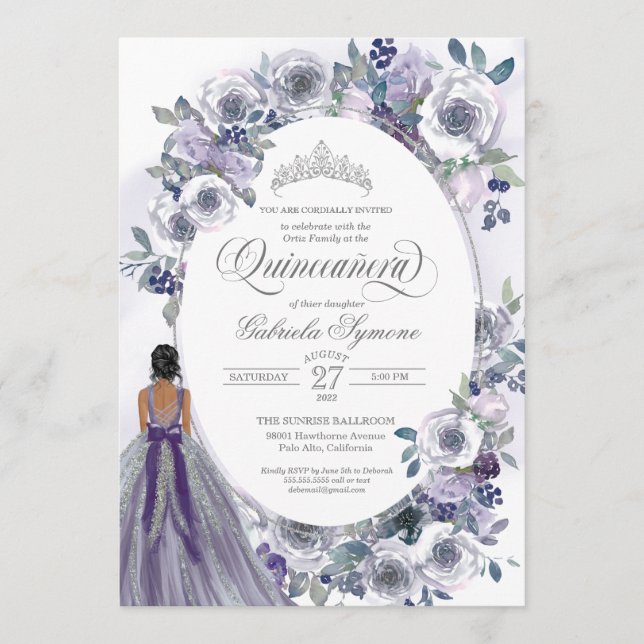 Violet Silver White Watercolor Blommigt Quinceaner Inbjudningar (Framsida)