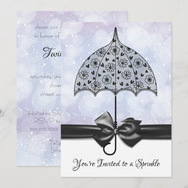 Violet Sprinkle Baby Shower Black Snöre Umbrella Inbjudningar (Fram/baksida)