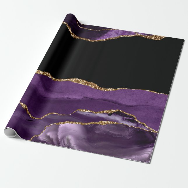 Violet Svart Marmor Agat Glam Gyllene Glitter Presentpapper (Utrullad)