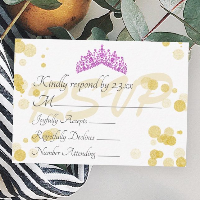 Violet Tiara och Guld Shimmery Ljus OSA kort (gold shimmery lights violet pink tiara crown quinceanera rsvp enclosure card, pink gold reply card)