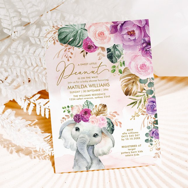  Violet Tropical Greenery Elephant Baby Inbjudningar (Skapare uppladdad)