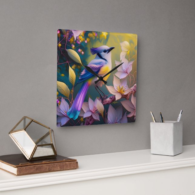 Violet Tuftad Gult Brast Fantasy Bird Fyrkantig Klocka (Kontor)