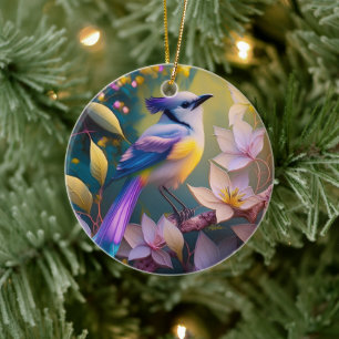Violet Tuftad Gult Brast Fantasy Bird Julgransprydnad Keramik