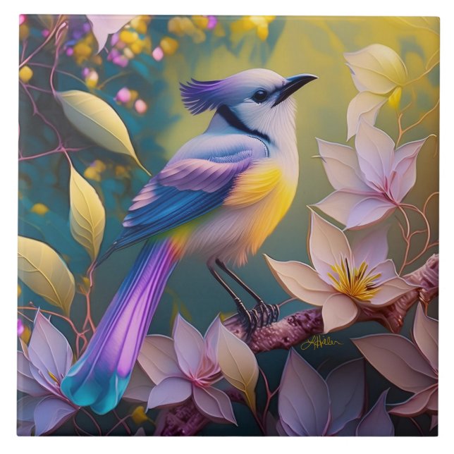 Violet Tuftad Gult Brast Fantasy Bird Kakelplatta (Framsidan)