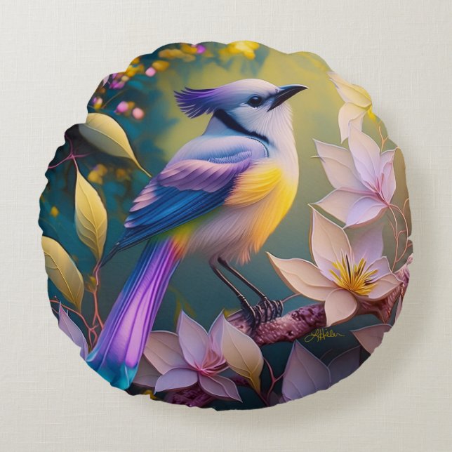 Violet Tuftad Gult Brast Fantasy Bird Rund Kudde (Framsidan)