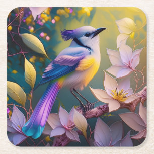 Violet Tuftad Gult Brast Fantasy Bird Underlägg Papper Kvadrat