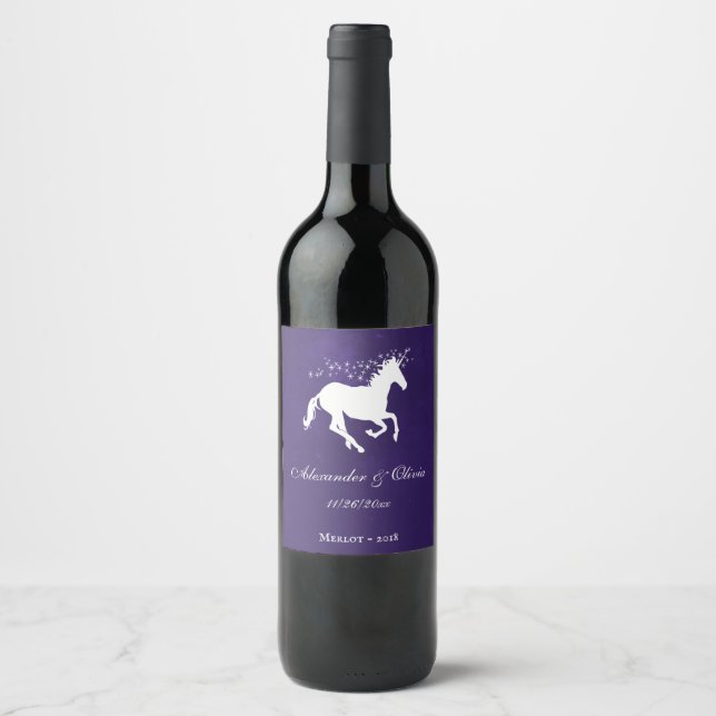 Violet Unicorn Bröllop Vin Vinflaska Etikett (Framsida)