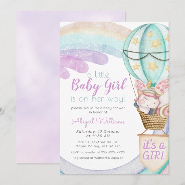 Violet Unicorn, Rainbow, Balloon Girl Baby Shower Inbjudningar (Fram/baksida)