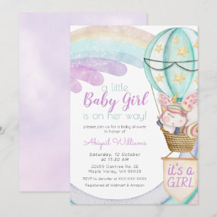 Violet Unicorn, Rainbow, Balloon Girl Baby Shower Inbjudningar