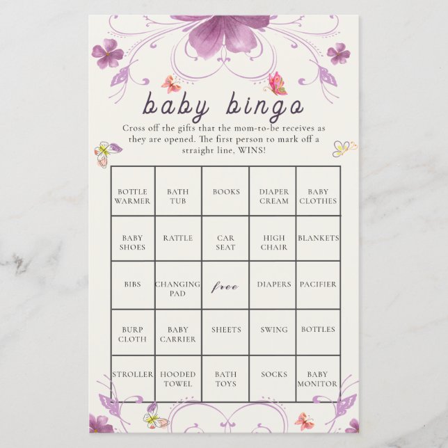 Violet Vår Butterfly Blommigt Baby Shower Bingo (Framsida)