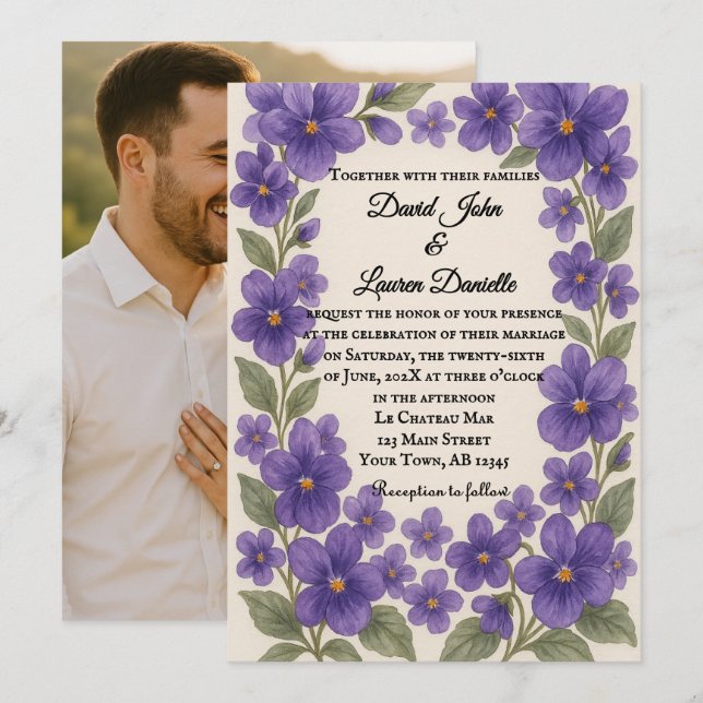 Violet Veil Foto Bröllopsinbjudan Inbjudningar (Fram/baksida)
