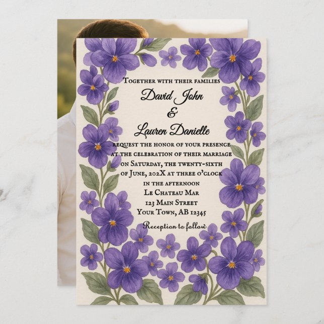 Violet Veil Photo Wedding Invitation Inbjudningar (Fram/baksida)