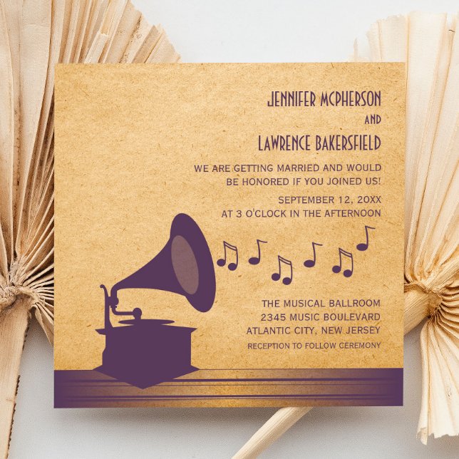 Violet Vintage Gramophone bröllopsinbjudning Inbjudningar (Violet Vintage Gramophone Wedding Invite)
