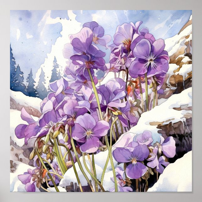 Violet Wall Art, Blommigt Square Poster (Framsidan)