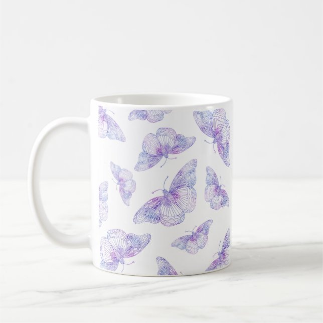Violet Watercolor Butterfly Mönster Kaffemugg (Vänster)
