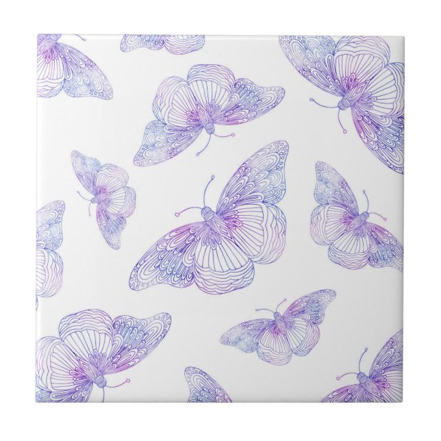Violet Watercolor Butterfly Mönster Kakelplatta (Framsidan)