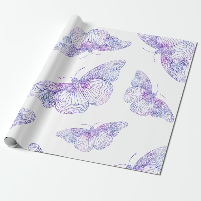 Violet Watercolor Butterfly Mönster Presentpapper (Utrullad)