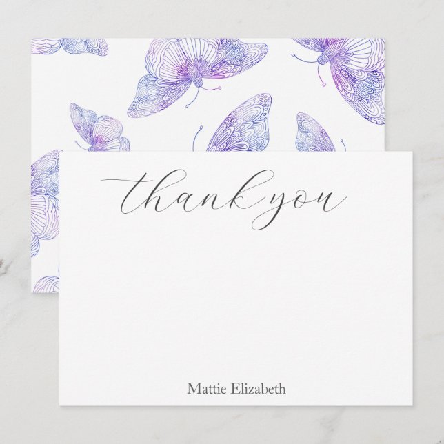 Violet Watercolor Butterfly Mönster Tack Kort (Fram/baksida)