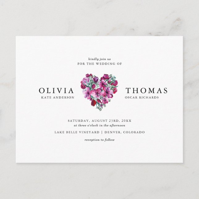 Violet Watercolor Flowers Heart Bouquet Bröllop Inbjudan Vykort (Framsida)