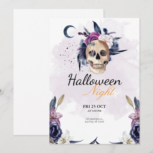 Violet Watercolor Halloween fest Gothic Skull Inbjudningar (Fram/baksida)