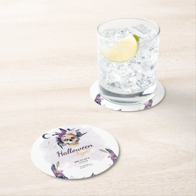 Violet Watercolor Halloween fest Gothic Skull Underlägg Papper Rund (Insitu)