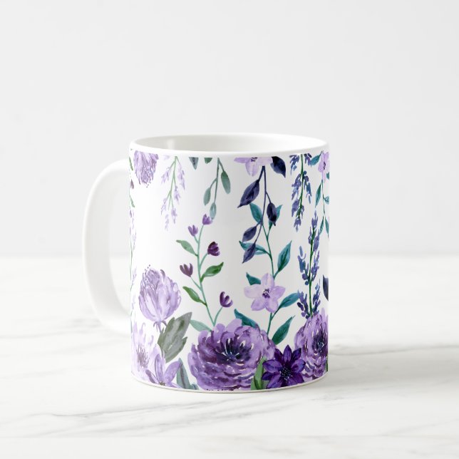 Violet Watercolor Vild Flowers Lila Blommigt Kaffemugg (Framsida vänster)