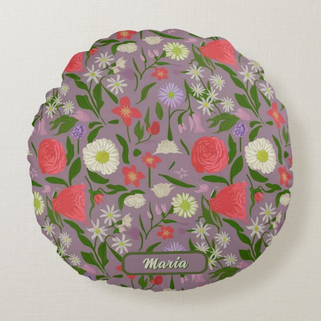 Violet White and Rosa Flowers Rund Kudde (Framsidan)