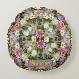 Violet White and Rosa Flowers Rund Kudde