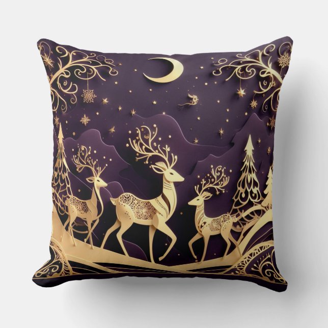 Violet Winter Whimsy – Månbelyst hjort Jul Kudde (Framsida)