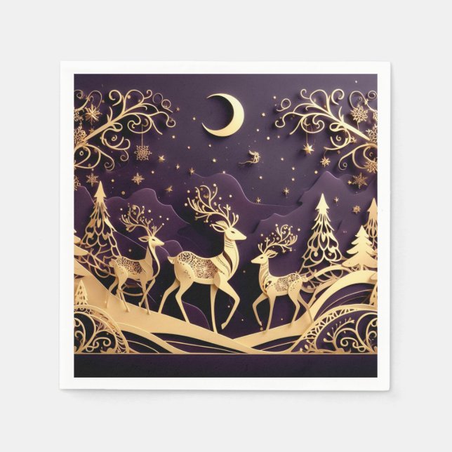 Violet Winter Whimsy – Månbelyst hjort Jul Pappersservett (Framsidan)