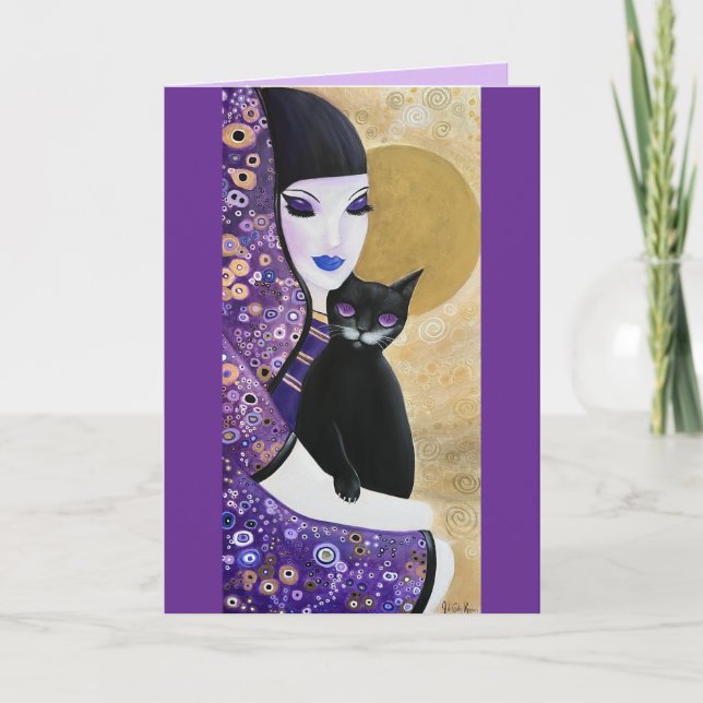 Violet Woman och Cat Whimsical Art Kort (Framsida)