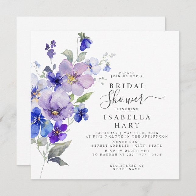 Violets botaniska Blommigtens Lila Blue Möhippa Inbjudningar (Fram/baksida)