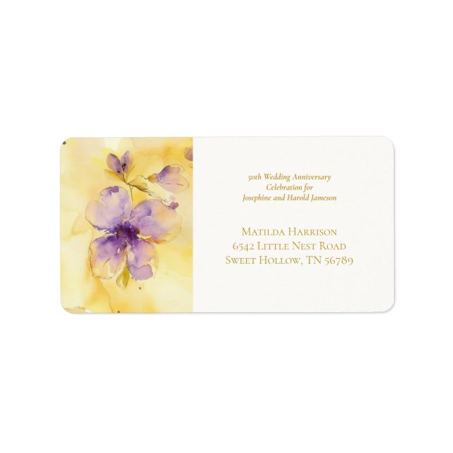 Violets Gold 50th Wedding Anniversary Adressetikett (Framsidan)
