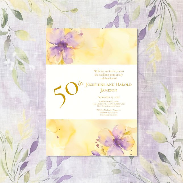 Violets Guld 50:e Bröllop-årsinbjudan Inbjudningar (Violets Gold 50th Wedding Anniversary Invitation)