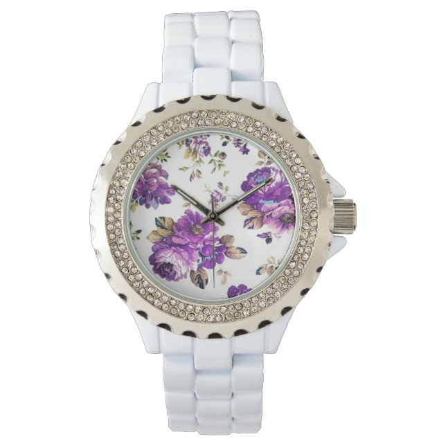 Violett blommönster armbandsur (Framsida)