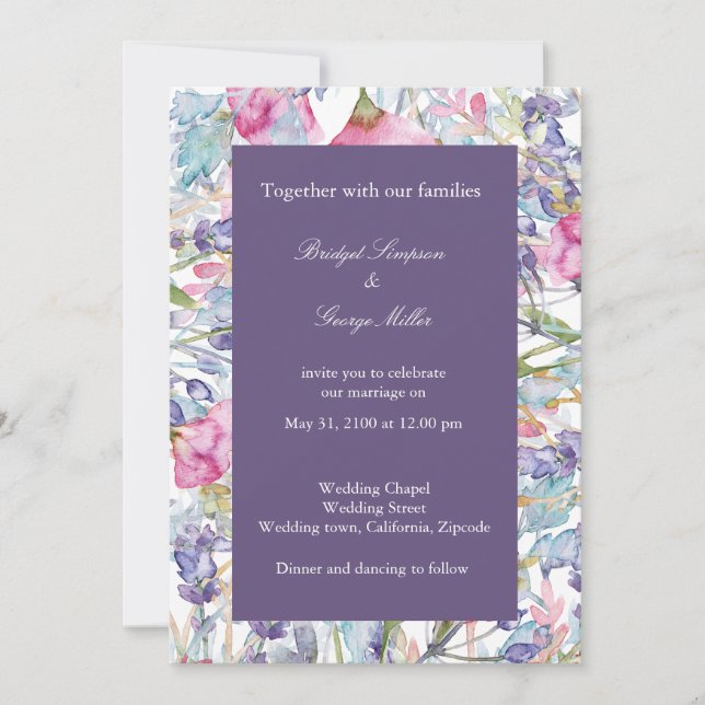 violett, färglös havsblomma, grey bröllop inbjudningar (Framsida)