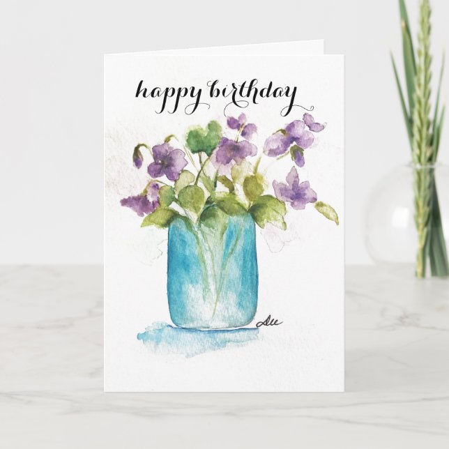 Violett födelsedagskort med blommor kort (Framsida)