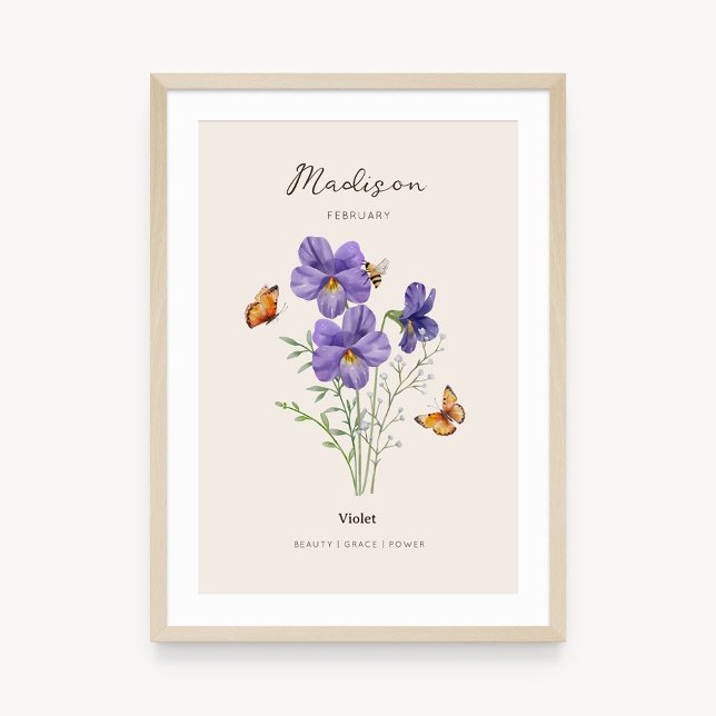 Violett Födelsemånad Blomma Affisch (Example of violet birth flower poster once framed. )